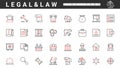 Law, judgment and justice, legal judicial documents, thin red and black line icons set