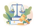 Law and Justice Concept. Justice scales, judge and judge gavel. Tiny people in the Supreme Court. Modern flat cartoon Royalty Free Stock Photo