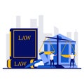 Law and justice concept with tiny character. Human rights flat vector illustration. Weights and lawyer hammer symbol. Legal