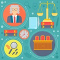 Law and justice design concept with judge, libra scales and court of law tribunal template icons in circles design, web