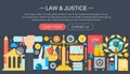 Law and justice design concept with justice icons infographics template design, web header elements, poster banner