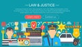 Law and justice design concept with policeman and car infographics template design, web header elements, poster banner