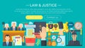 Law and justice design concept with prisoner, bible and court of law tribunal infographics template design, web header