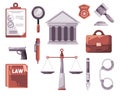 Law justice icon set collection in cartoon style illustration from hammer gavel to court building police badge Royalty Free Stock Photo