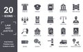 law.and.justice icon set. include creative elements as roman law, scroll with law, justice scale, contract law, diplomacy,