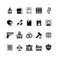 Law and justice icons. Legislation and court, judge and lawyer. Criminal police vector silhouette isolated symbols