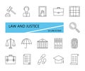 16 law and justice icons. Set thin line signs. Flat vector illustration isolated on white background