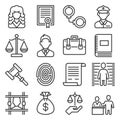 Law and Justice Icons Set on White Background. Line Style Vector Royalty Free Stock Photo