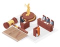 Law justice isometric concept, themis and judge hammer. Judge passes sentence vector illustration. Judge hammer and case