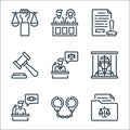 law and justice line icons. linear set. quality vector line set such as archive, handcuffs, eyewitness, jail, lawyer, gavel, stamp Royalty Free Stock Photo