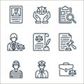 law and justice line icons. linear set. quality vector line set such as lawyer, policeman, prisoner, legal document, quill, lawyer