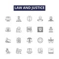 Law and justice line vector icons and signs. Justice, Trials, Courts, Jurisdiction, Sentencing, Advocacy, Legislation