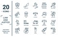 law.and.justice linear icon set. includes thin line police badge, bankruptcy, escape, court trial, witness, civil rights, law Royalty Free Stock Photo