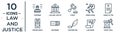 law.and.justice linear icon set. includes thin line prisoner, court, crime letter, recorder, law paper, court trial, pepper spray