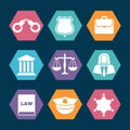 Law, justice and police icons set