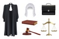 Law and justice. Right judge wooden hammer court decision prosecutor hairpiece black robes decent vector realistic set