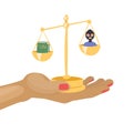 Law and justice with scales, law book and criminal cartoon vector illustration.