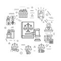 Law and justice web banner. Type of court. Judiciary. Court staff. Infographics with linear icons on white background. Creative