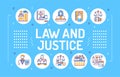 Law and justice word lettering typography. Type of court. Judiciary. Court staff. Infographics with linear icons on blue