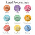 Law and Legal Icon Set with Judge, Jury, and Judicial icons