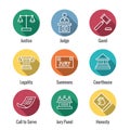Law and Legal Icon Set with Judge, Jury, and Judicial icons Royalty Free Stock Photo