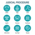 Law and Legal Icon Set with Judge, Jury, and Judicial icons