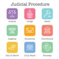 Law and Legal Icon Set with Judge, Jury, and Judicial icons Royalty Free Stock Photo