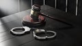 Law Legal System Justice Crime concept. Mallet Gavel Hammer and Handcuffs on black background. 3d Render illustration Royalty Free Stock Photo