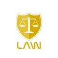 Law logo. Golden shield of justice with scales inside icon isolated on white background Royalty Free Stock Photo