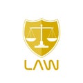 Law logo. Golden shield of justice with scales inside icon isolated on white background Royalty Free Stock Photo