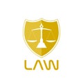 Law logo. Golden shield of justice with scales inside icon isolated on white background Royalty Free Stock Photo