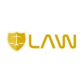 Law logo. Golden shield of justice with scales inside icon isolated on white background Royalty Free Stock Photo