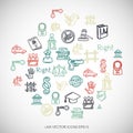 Law Multicolor doodles Hand Drawn Law Icons set on White. EPS10 vector illustration.