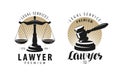 Law office, attorney, lawyer logo or label. Scales of justice, gavel symbol. Vector illustration