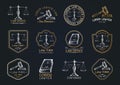 Law office icons set with scales of justice, gavel etc illustrations. Vector vintage attorney, advocate labels. Royalty Free Stock Photo