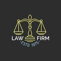 Law office logo with scales of justice illustration. Vector vintage attorney, advocate label, juridical firm badge. Royalty Free Stock Photo