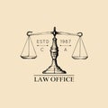 Law office logo with scales of justice illustration. Vector vintage attorney, advocate label, juridical firm badge. Royalty Free Stock Photo