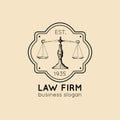 Law office logo with scales of justice illustration. Vector vintage attorney, advocate label, juridical firm badge.