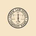 Law office logo with scales of justice illustration. Vector vintage attorney, advocate label, juridical firm badge. Royalty Free Stock Photo