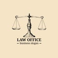 Law office logo with scales of justice illustration. Vector vintage attorney, advocate label, juridical firm badge.