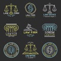 Law office logos set with scales of justice,gavel etc illustrations. Vector vintage attorney,advocate labels collection. Royalty Free Stock Photo