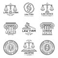 Law office logos set with scales of justice,gavel etc illustrations. Vector vintage attorney,advocate labels collection. Royalty Free Stock Photo