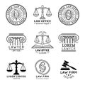 Law office logos set with scales of justice,gavel etc illustrations. Vector vintage attorney,advocate labels collection. Royalty Free Stock Photo