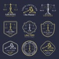 Law office logos set with scales of justice, gavel illustrations. Vector vintage attorney, advocate labels, firm badges. Royalty Free Stock Photo