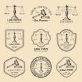 Law office logos set with scales of justice, gavel illustrations. Vector vintage attorney, advocate labels, firm badges. Royalty Free Stock Photo