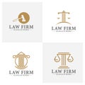 Law office logotypes set with scales of justice, gavel etc illustrations. Vector vintage attorney, advocate labels, juridical firm Royalty Free Stock Photo
