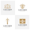 Law office logotypes set with scales of justice, gavel etc illustrations. Vector vintage attorney, advocate labels, juridical firm Royalty Free Stock Photo