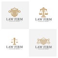 Law office logotypes set with scales of justice, gavel etc illustrations. Vector vintage attorney, advocate labels, juridical firm Royalty Free Stock Photo