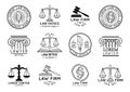 Law office symbols set with scales of justice, gavel etc illustrations. Vector attorney, advocate labels etc. Royalty Free Stock Photo