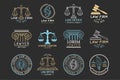 Law office symbols set with scales of justice, gavel etc illustrations. Vector attorney, advocate labels etc. Royalty Free Stock Photo